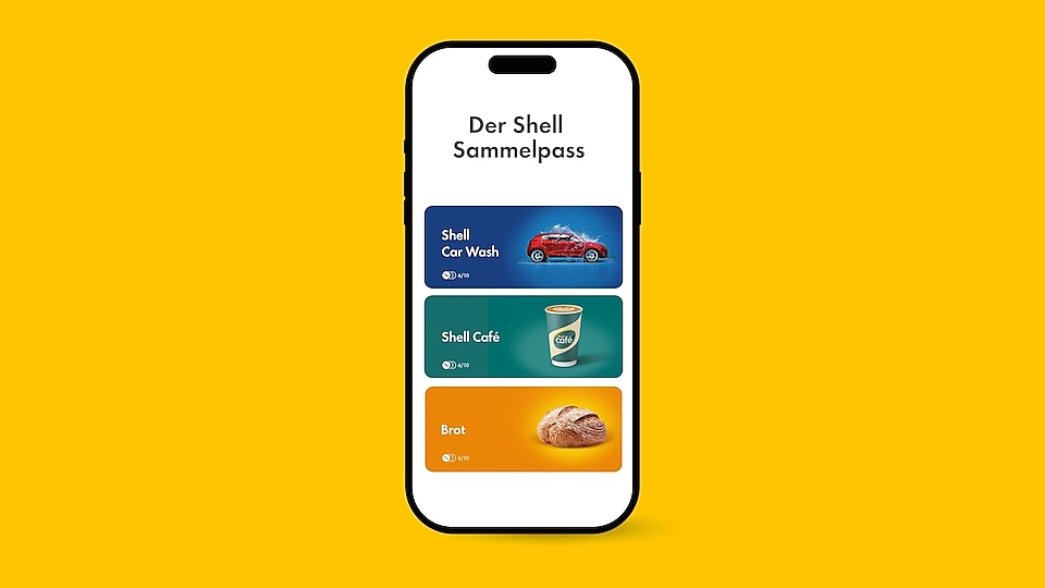 Abbildung eines Handys auf gelbem Hintergrund, dass die Sammelpässe zu Shell Café, Shell Car Wash und Brot zeigt mit der Überschrift „Die Shell Sammelpässe“