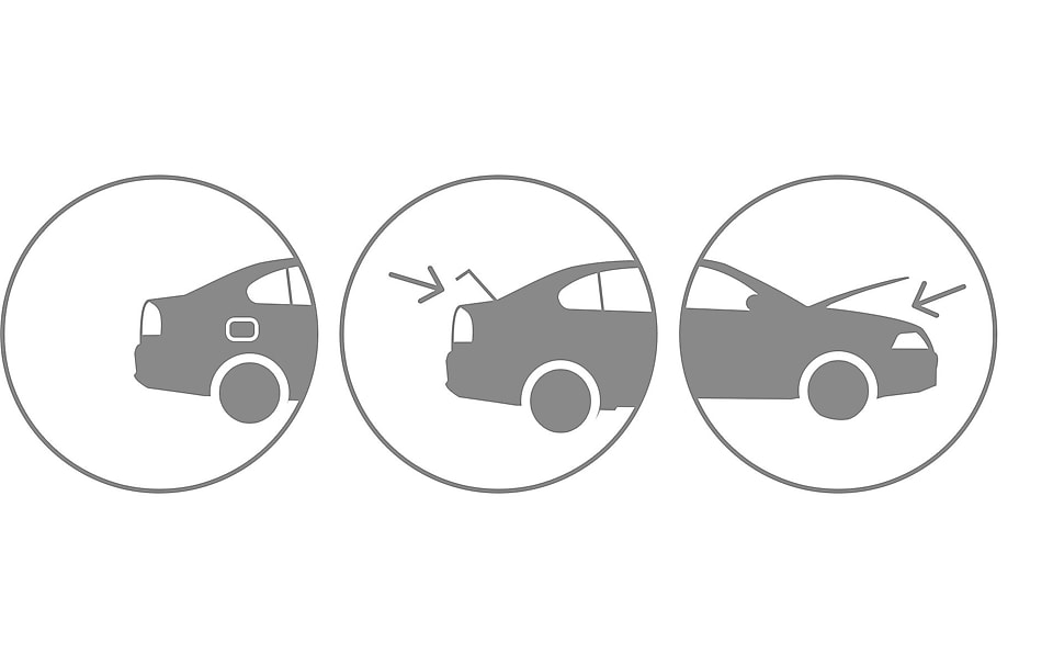 Drei runde Piktogramme zeigen Tankklappe, Koffer- und  Motorraum eines Autos. Kleine Pfeile zeigen in Richtung der AdBlue Befüllungsorte.