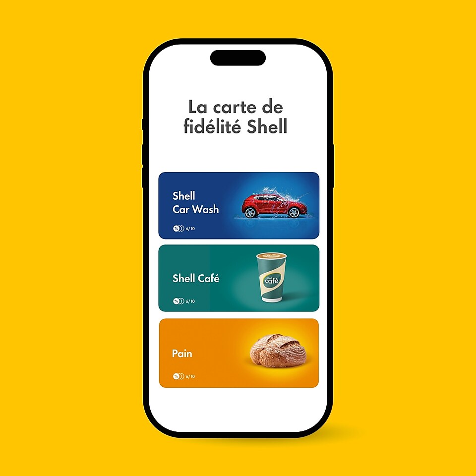 Illustration d’un téléphone portable sur fond jaune montrant les cartes de fidélité Shell Café, Shell Car Wash et Shell pour le pain avec le titre « Les cartes de fidélité Shell.