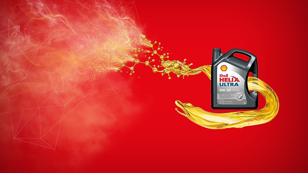 Shell Helix Ultra Flasche auf rotem Hintergrund