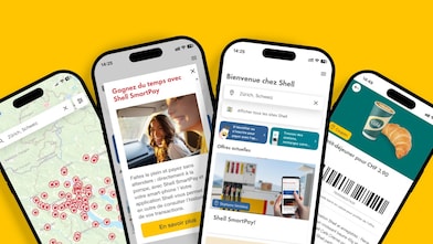 Quatre smartphones affichent l’application Shell avec carte, offres, SmartPay et coupon sur fond jaune.