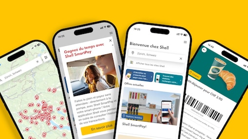 Quatre smartphones affichent l’application Shell avec carte, offres, SmartPay et coupon sur fond jaune.