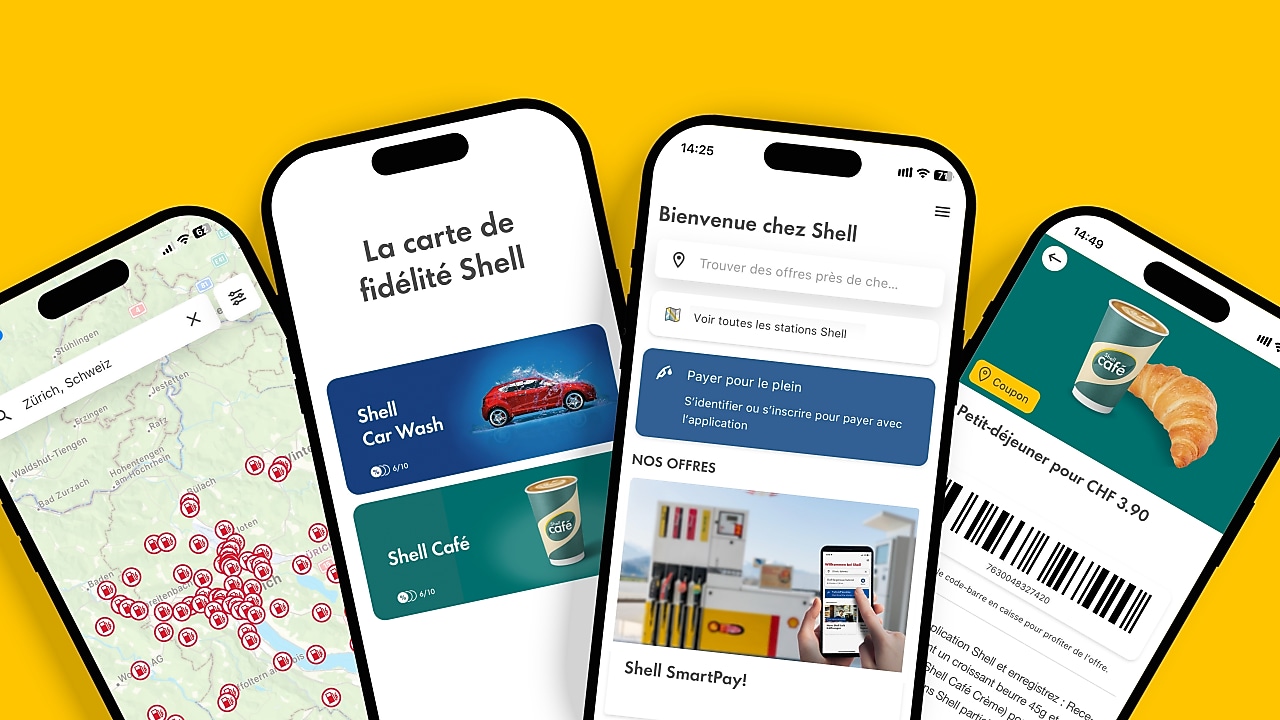 Quatre écrans de téléphone affichent les avantages de l’application Shell : localisateur de stations-service intelligent, Shell SmartPay, offres actuelles, cartes de fidélité Shell