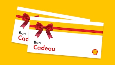 Bons-cadeaux Shell pour faire le plein et des achats sur fond jaune