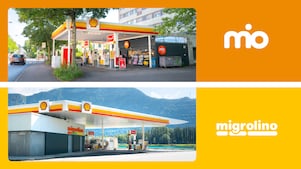 Photo de nuit d’un shop mio/migrolino dans une station Shell