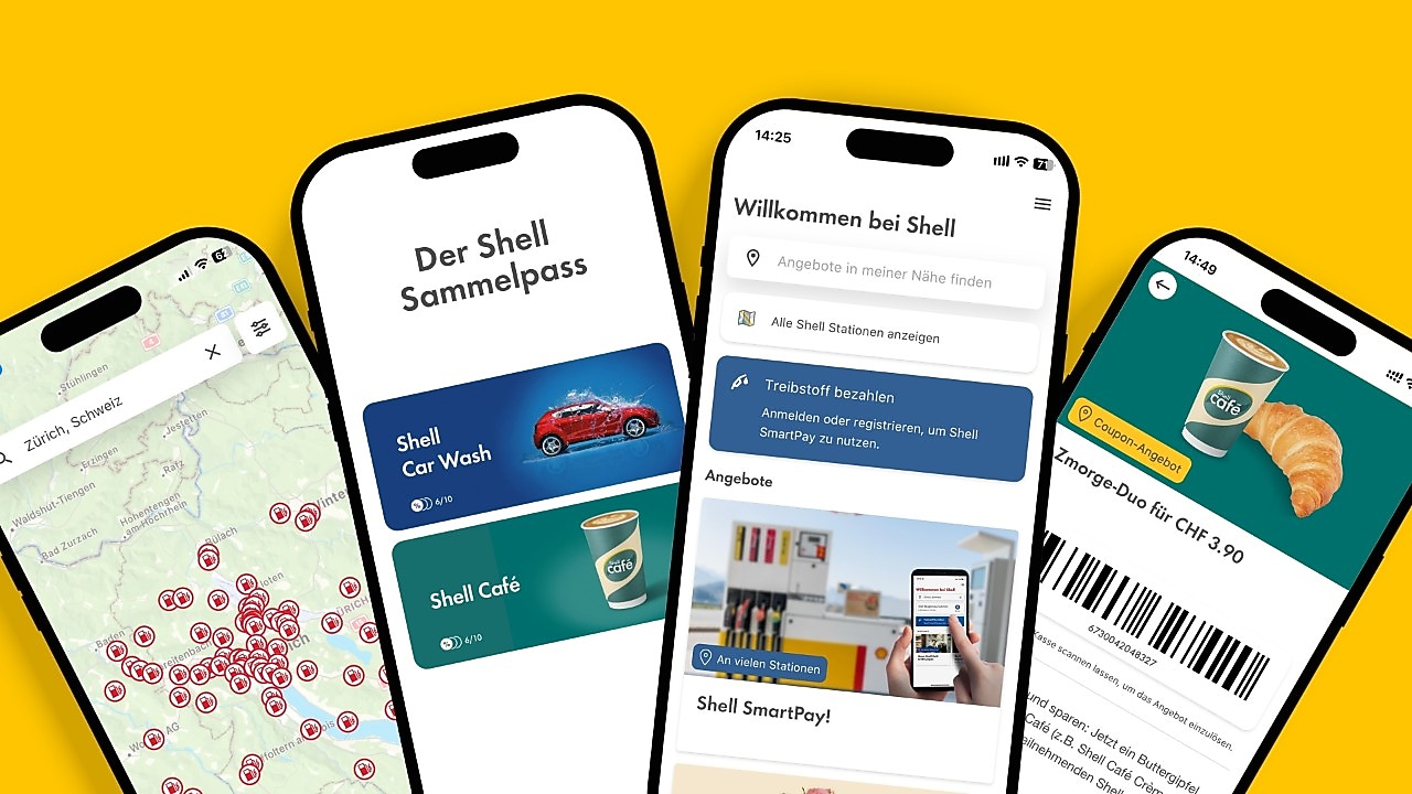Vier geöffnete Handyscreens zeigen Vorteile der Shell App:  intelligenter Tankstellenfinder, Shell SmartPay, Aktuelle Angebote, Shell Sammelpässe