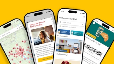 Vier Smartphones zeigen die Shell App mit Karte, Angeboten, SmartPay und Coupon auf gelbem Hintergrund.