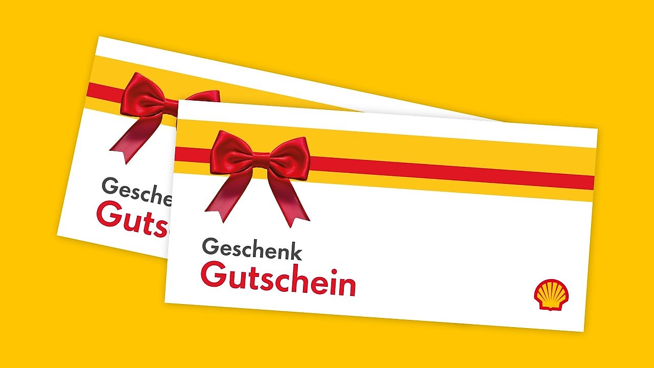 Shell Geschenkgutscheine zum Tanken und Shoppen auf gelbem Hintergrund