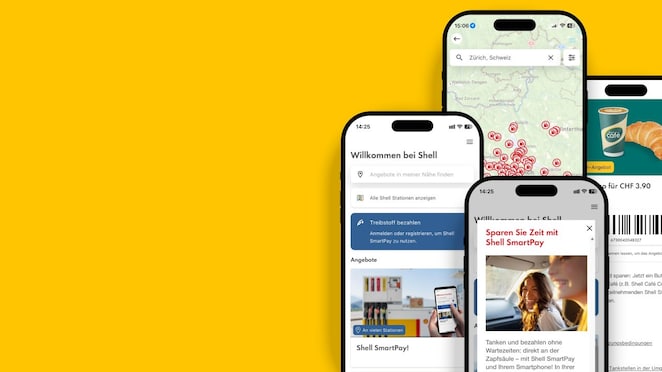 Vier geöffnete Handyscreens zeigen Vorteile der Shell App:  intelligenter Tankstellenfinder, Shell SmartPay, Aktuelle Angebote, Shell Sammelpässe