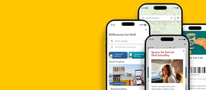 Vier Smartphones zeigen verschiedene Funktionen der Shell App Schweiz, darunter Standortsuche, Angebote und Coupons.