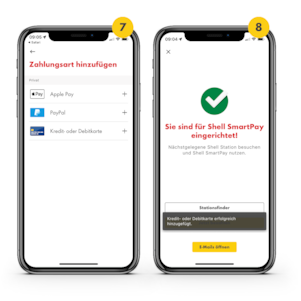 Auf dem letzten Bild sind die beiden Handys mit den Nummern 7 und 8 gekennzeichnet. Das Handy mit der Nr. 7 zeigt, die Transaktionsbestätigung in der App. Der Screen des Handys mit der Nr. 8 informiert den Shell SmartPay Nutzer, wo er seine Transaktionsdetails / Rechnung einsehen kann.