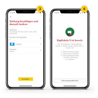 Auf dem zweiten Slider Bild sind die beiden Handys mit den Nummern 3 und 4 gekennzeichnet. Das Handy mit der Nr. 3 zeigt wie man die Zahlung bestätigen und danach tanken kann. Der Screen des Handys mit der Nr. 4 informiert den Shell SmartPay Nutzer, dass er die Betankung nun auf Zapfsäule 3 starten kann.