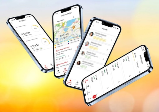Abbildung von Smartphones mit Ansichten der Shell Fleet App und den unterschiedlichen Funktionen.