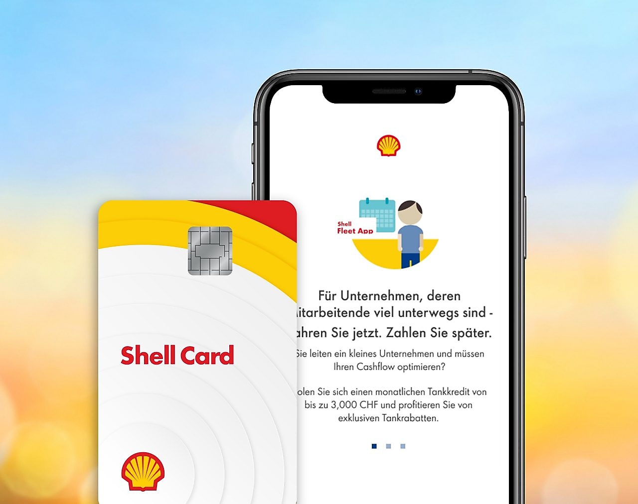 Die Shell Card und ein Smartphone mit der Shell Fleet App