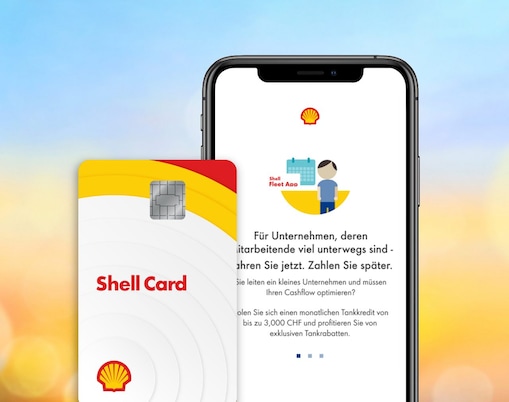 Die Shell Card und ein Smartphone mit der Shell Fleet App
