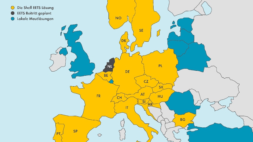 Europakarte mit Ländern, die über die EETS-Mautlösung abgedeckt sind – Shell EETS Box ermöglicht elektronische Lkw-Mauterfassung in mehreren Staaten