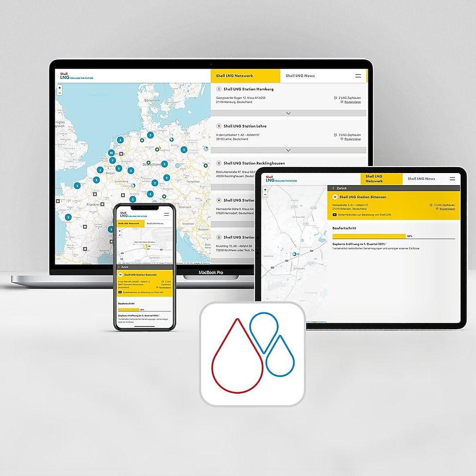 Eine Darstellung der Shell LNG News.app auf verschiedenen Endgeräten.