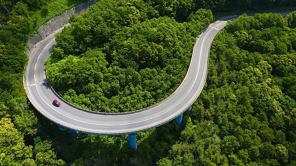 Ein Auto fährt auf einer Straße durch den Wald.