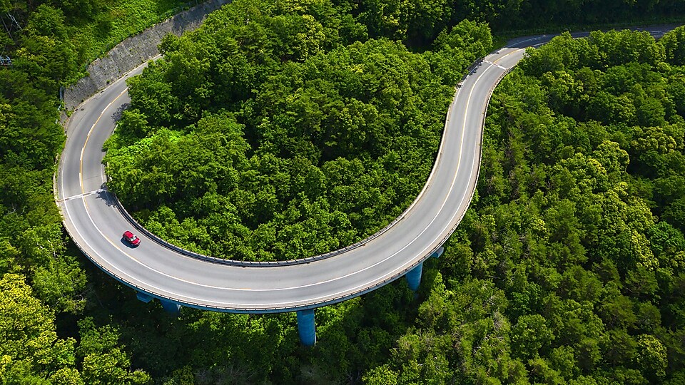 Ein Auto fährt auf einer Straße durch den Wald.