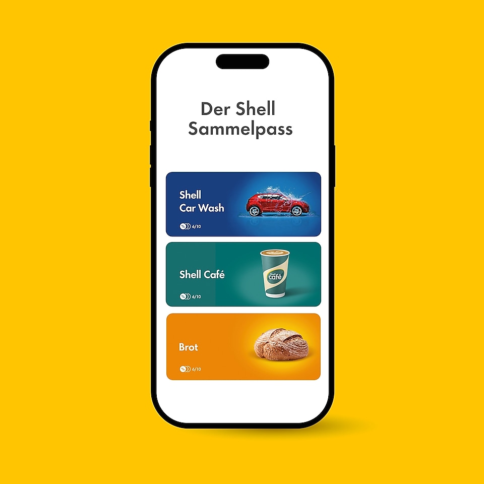Abbildung eines Handys auf gelbem Hintergrund, dass die Sammelpässe zu Shell Café, Shell Car Wash und Brot zeigt mit der Überschrift „Die Shell Sammelpässe“