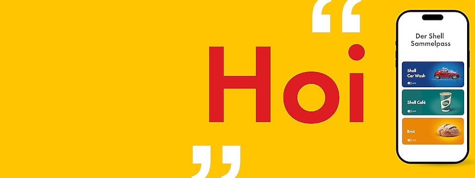 Abbildung eines Handys auf gelbem Hintergrund, dass die Sammelpässe zu Shell Café, Shell Car Wash und Brot zeigt mit der Überschrift „Die Shell Sammelpässe“