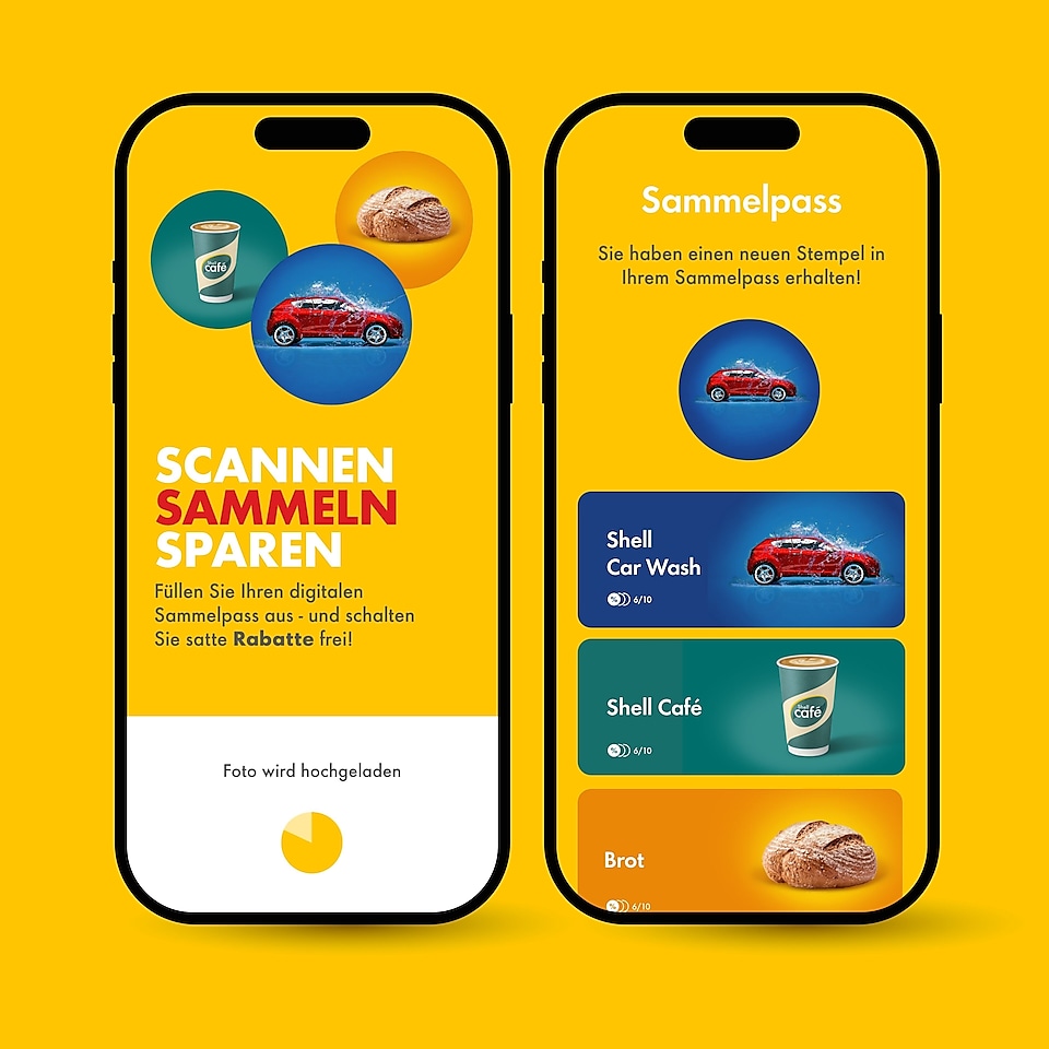 Abbildung von zwei Handys, die zeigen, wie der Upload-Prozess von Belegen dazu führt, dass ein Stempel gesammelt wird