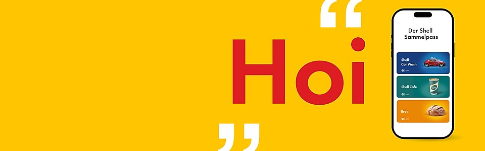 Abbildung eines Handys auf gelbem Hintergrund, dass die Sammelpässe zu Shell Café, Shell Car Wash und Brot zeigt mit der Überschrift „Die Shell Sammelpässe“