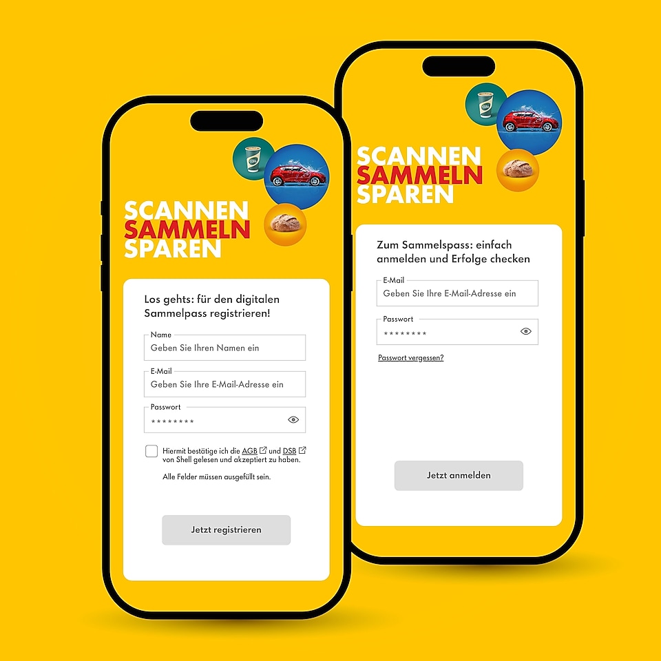 Abbildung von zwei Handys auf gelbem Hintergrund, die den Anmelde- und Registrierungs-Bildschirm für die Shell Sammelpässe zeigen