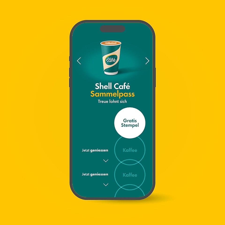 Abbildung eines Handys auf gelbem Hintergrund, das den Shell Café Sammelpass zeigt