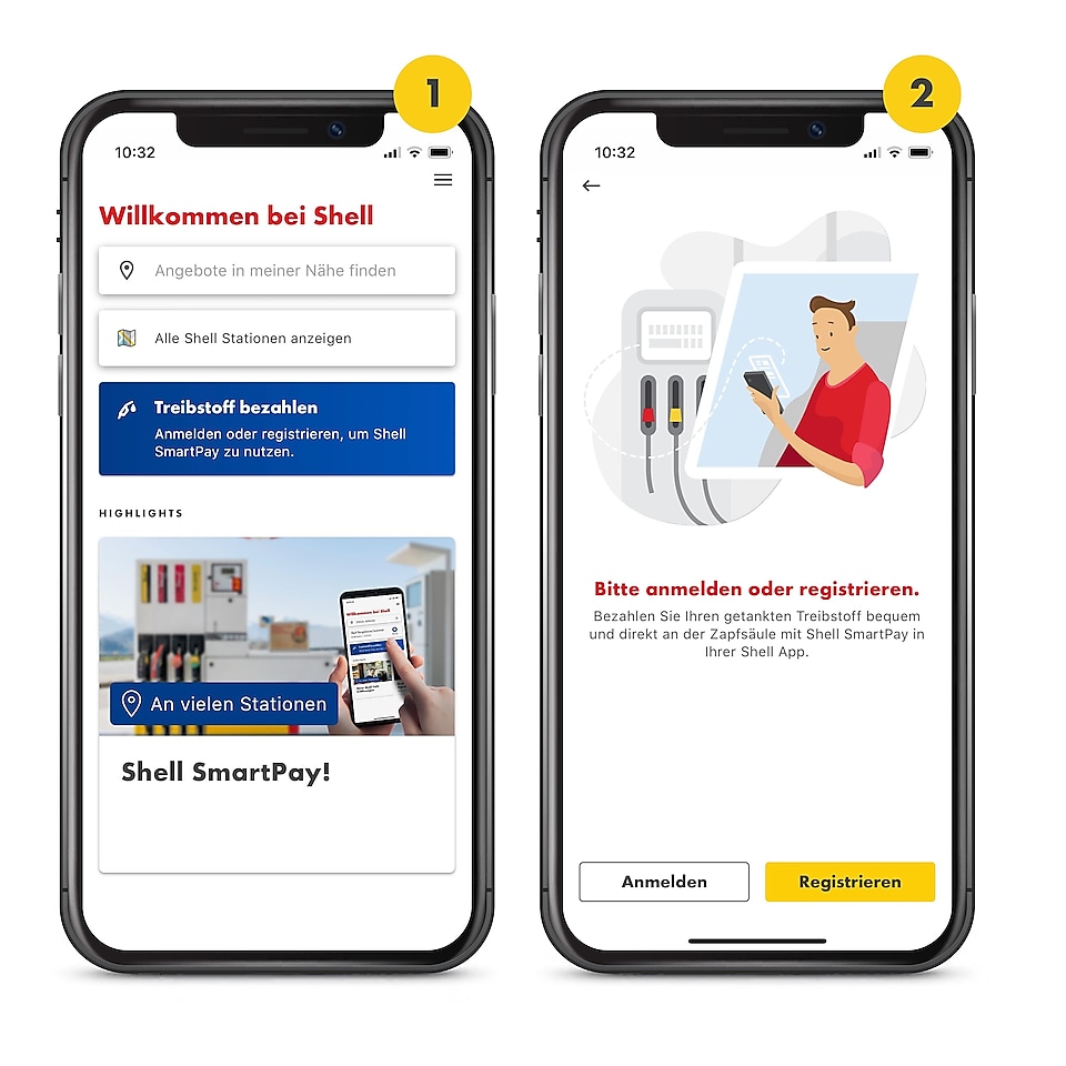 Es sind 2 Handys mit geöffneter Shell CH App zu sehen. Das 1. ist oben mit einer 1 in einem gelben Kreis gekennzeichnet. Es zeigt den Startscreen der Shell App. Auf dem 2. Handy Screen, auch mit einer kleinen 2 in einem gelben Kreis oben rechts gekenntzeichnet, kann man sich für die Shell App registrieren oder anmelden.