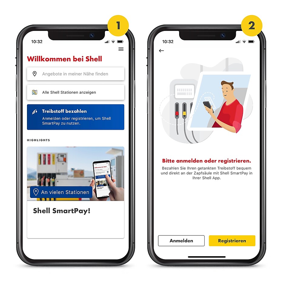 Es sind 2 Handys mit geöffneter Shell CH App zu sehen. Das 1. ist oben mit einer 1 in einem gelben Kreis gekennzeichnet. Es zeigt den Startscreen der Shell App. Auf dem 2. Handy Screen, auch mit einer kleinen 2 in einem gelben Kreis oben rechts gekenntzeichnet, kann man sich für die Shell App registrieren oder anmelden.