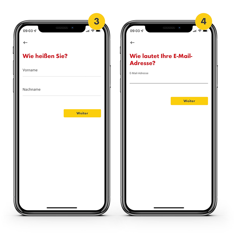 Es sind 2 Handys mit geöffneter Shell CH App zu sehen. Das 1. ist oben mit einer 3 in einem gelben Kreis gekennzeichnet.  Auf dem Screen kann man seinen Namen und Nachnamen zur Anmeldung in der Shell App angeben. Auf dem 2. Handy Screen, auch mit einer kleinen 3 in einem gelben Kreis oben rechts gekenntzeichnet, gibt man zur Anmeldung auf der Shell App seine Email Adresse an.