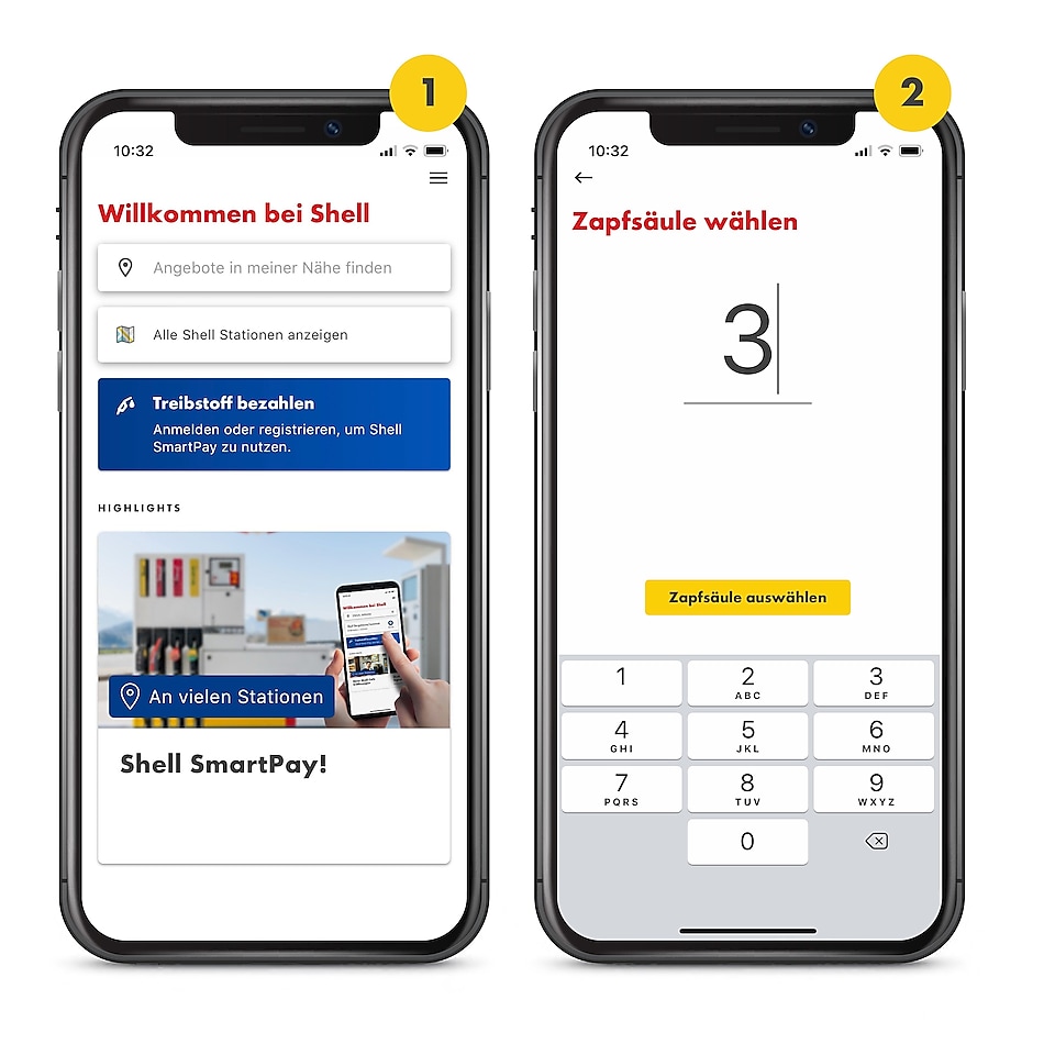 Es sind 2 Handys mit geöffneter Shell App zu sehen. Das 1. ist oben mit einer 1 in einem gelben Kreis gekennzeichnet. Es zeigt den Startscreen der Shell App. Das zweite Handy ist mit einer 2 in einem gelben Kreis gekennzeichnet. Auf dem 2. Handy Screen sieht man wie die Zapfsäule gewählt fünf gewählt wird.