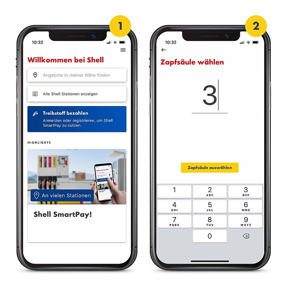 Es sind 2 Handys mit geöffneter Shell App zu sehen. Das 1. ist oben mit einer 1 in einem gelben Kreis gekennzeichnet. Es zeigt den Startscreen der Shell App. Das zweite Handy ist mit einer 2 in einem gelben Kreis gekennzeichnet. Auf dem 2. Handy Screen sieht man wie die Zapfsäule gewählt fünf gewählt wird.
