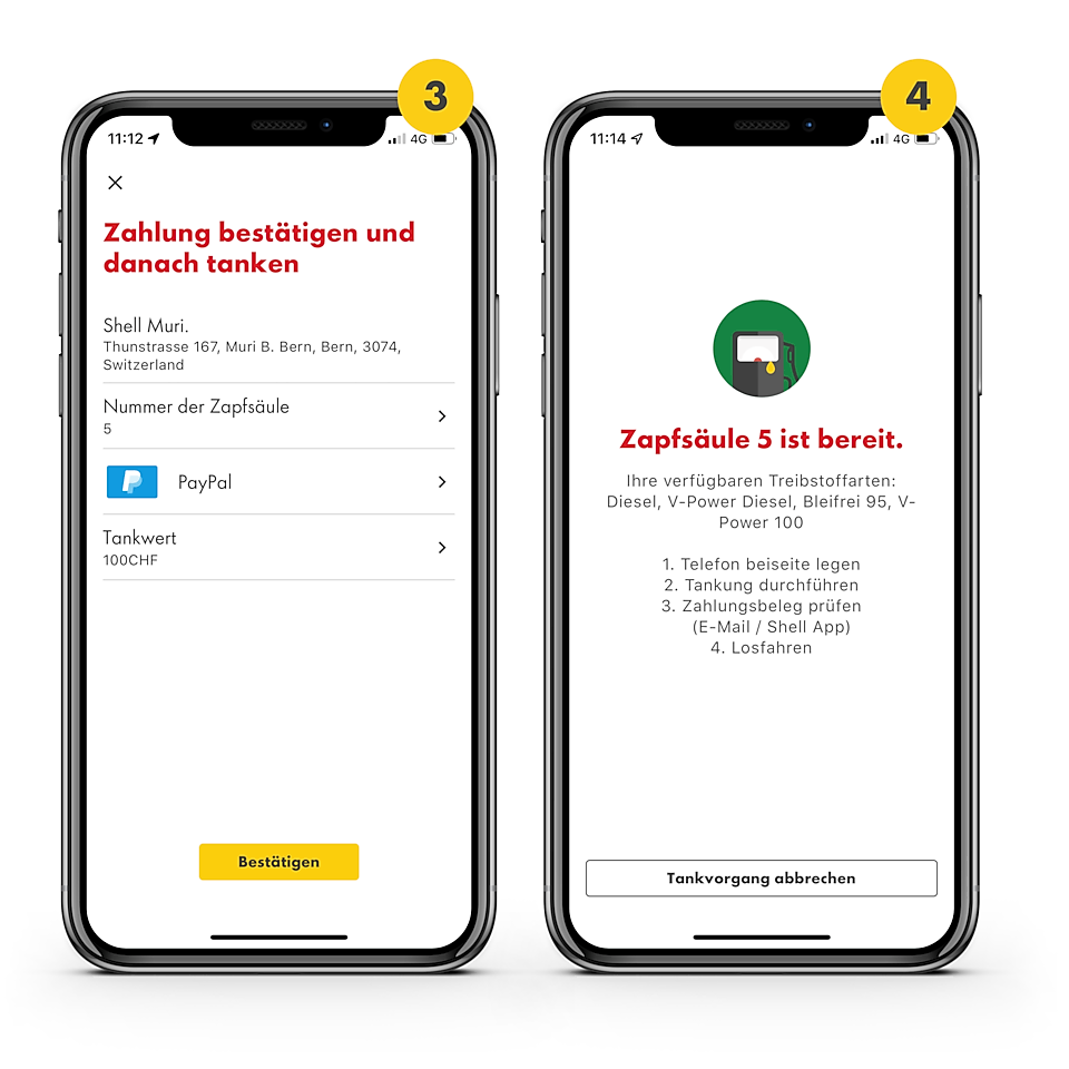 Auf dem zweiten Slider Bild sind die beiden Handys mit den Nummern 3 und 4 gekennzeichnet. Das Handy mit der Nr. 3 zeigt wie man die Zahlung bestätigen und danach tanken kann. Der Screen des Handys mit der Nr. 4 informiert den Shell SmartPay Nutzer, dass er die Betankung nun auf Zapfsäule 3 starten kann.