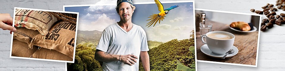 Collage aus drei Bildern: einem Sack mit Kaffeebohnen, ein Mann und im Hintergrund ist Regenwald zu sehen, ein Kaffee auf einem Holztisch und im Hintergrund ein Croissant.