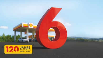 Große rote Zahl 6 vor einer Shell Tankstelle – Visual zur 6-Rappen-pro-Liter-Sparen-Aktion auf Kraftstoffe.