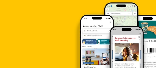 Quatre smartphones affichent différentes fonctions de l’application Shell Suisse, dont la recherche de stations, des offres et des coupons.