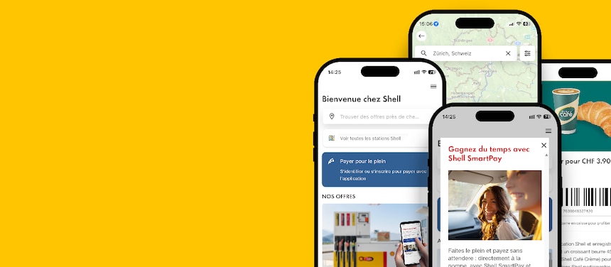 Quatre écrans de téléphone affichent les avantages de l’application Shell : localisateur de stations-service intelligent, Shell SmartPay, offres actuelles, cartes de fidélité Shell