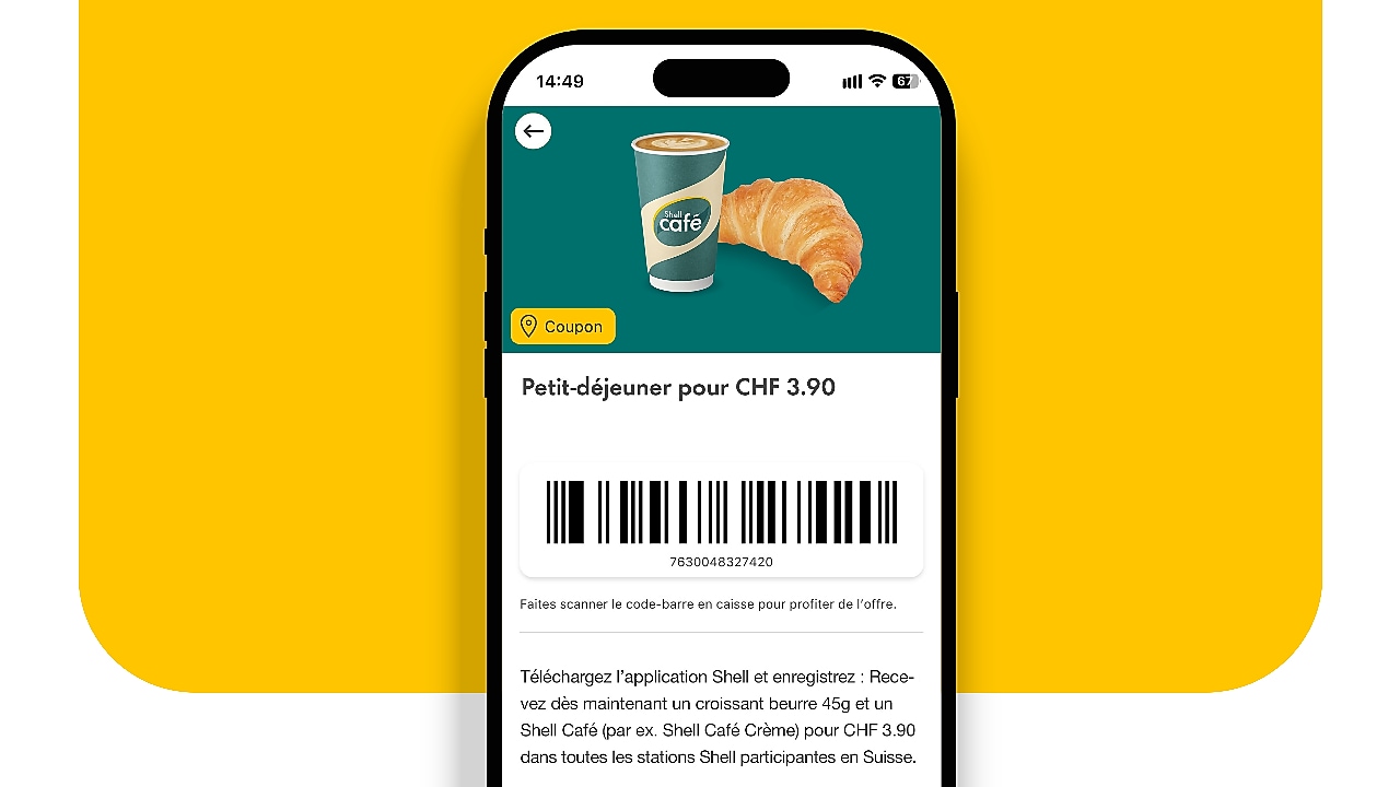 Un téléphone avec l’application Shell ouverte affiche des offres de coupons exclusives