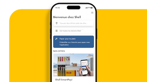 Un téléphone avec l’application Shell ouverte affiche Shell SmartPay