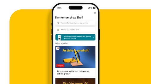 Un smartphone affichant l’application Shell ouverte montre la nouvelle fonction de recharge.
