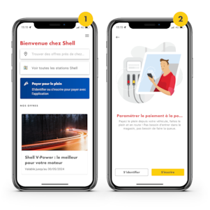 On voit deux téléphones avec l’application Shell CH ouverte. Le premier téléphone est identifié avec le n°&nbsp;1 en haut dans un cercle jaune. Il affiche la page d’accueil de l’application Shell. Sur l’écran du deuxième téléphone (également identifié avec un petit n°&nbsp;2 dans un cercle jaune en haut à droite), on voit comment s’inscrire ou se connecter à l’application.