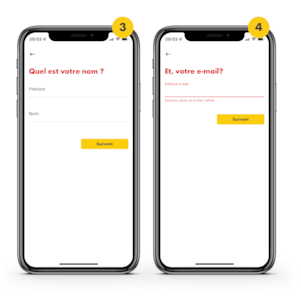 On voit deux téléphones avec l’application Shell CH ouverte. Le premier téléphone est identifié avec le n°&nbsp;3 en haut dans un cercle jaune.  Sur l’écran, on voit comment saisir son prénom et son nom pour s’inscrire à l’application Shell. Sur l’écran du deuxième téléphone (également marqué d’un petit n°&nbsp;3 dans un cercle jaune en haut à droite), on voit comment indiquer son adresse e-mail pour s’inscrire à l’application Shell.