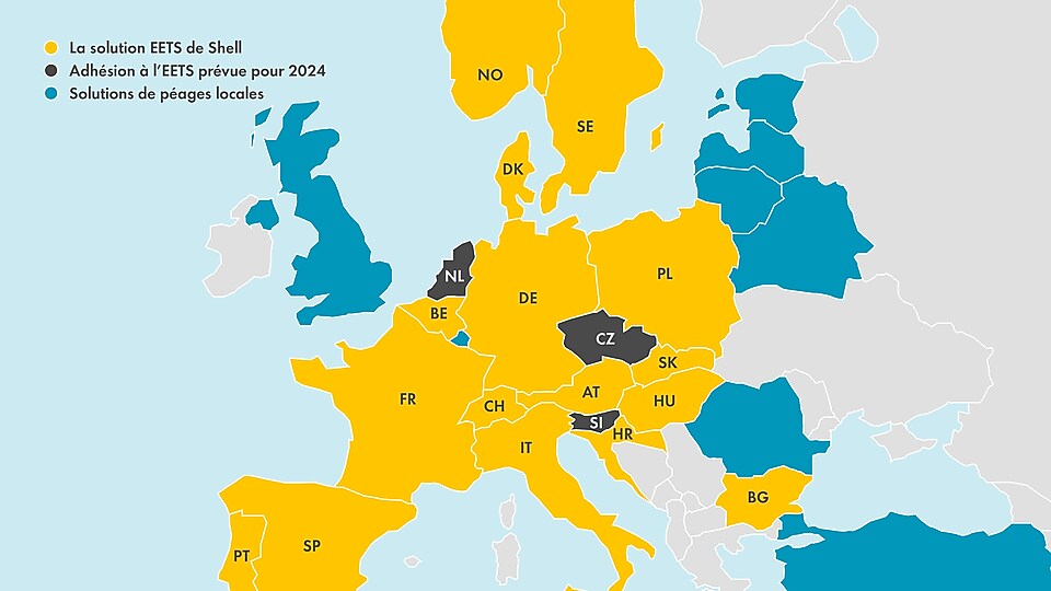 Carte de l'Europe avec la couverture actuelle de Shell EETS