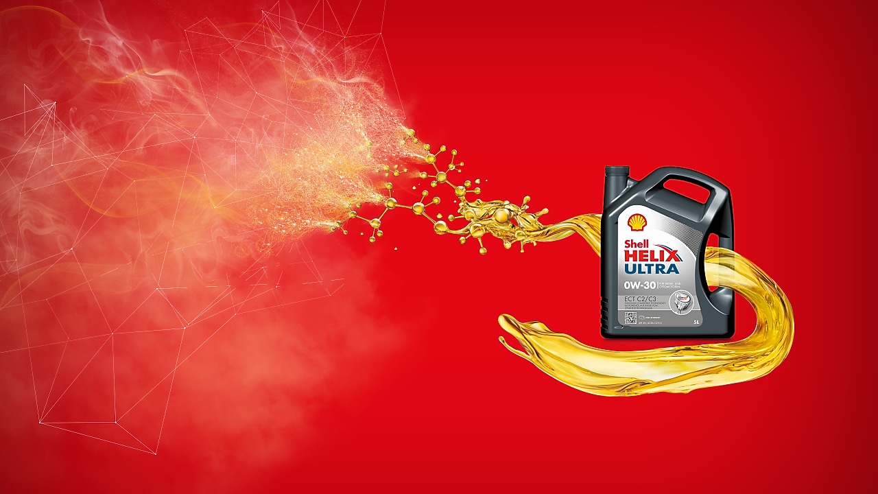 Bouteille Shell Helix Ultra sur fond rouge