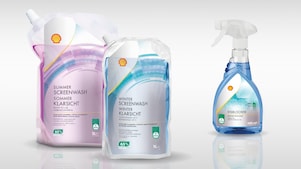 Illustration des produits Shell Car Care lave-glace été et hiver ainsi que du spray anti-glace Shell