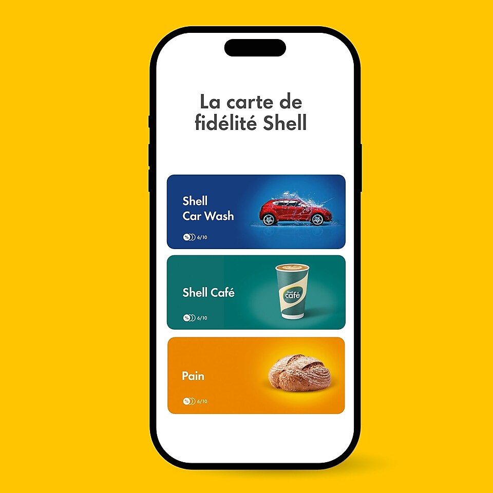 Illustration d’un téléphone portable sur fond jaune montrant les cartes de fidélité Shell Café, Shell Car Wash et Shell pour le pain avec le titre « Les cartes de fidélité Shell.