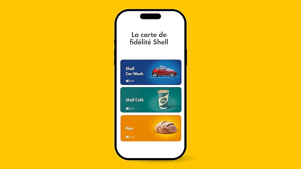 Illustration d’un téléphone portable sur fond jaune montrant les cartes de fidélité Shell Café, Shell Car Wash et Shell pour le pain avec le titre « Les cartes de fidélité Shell.