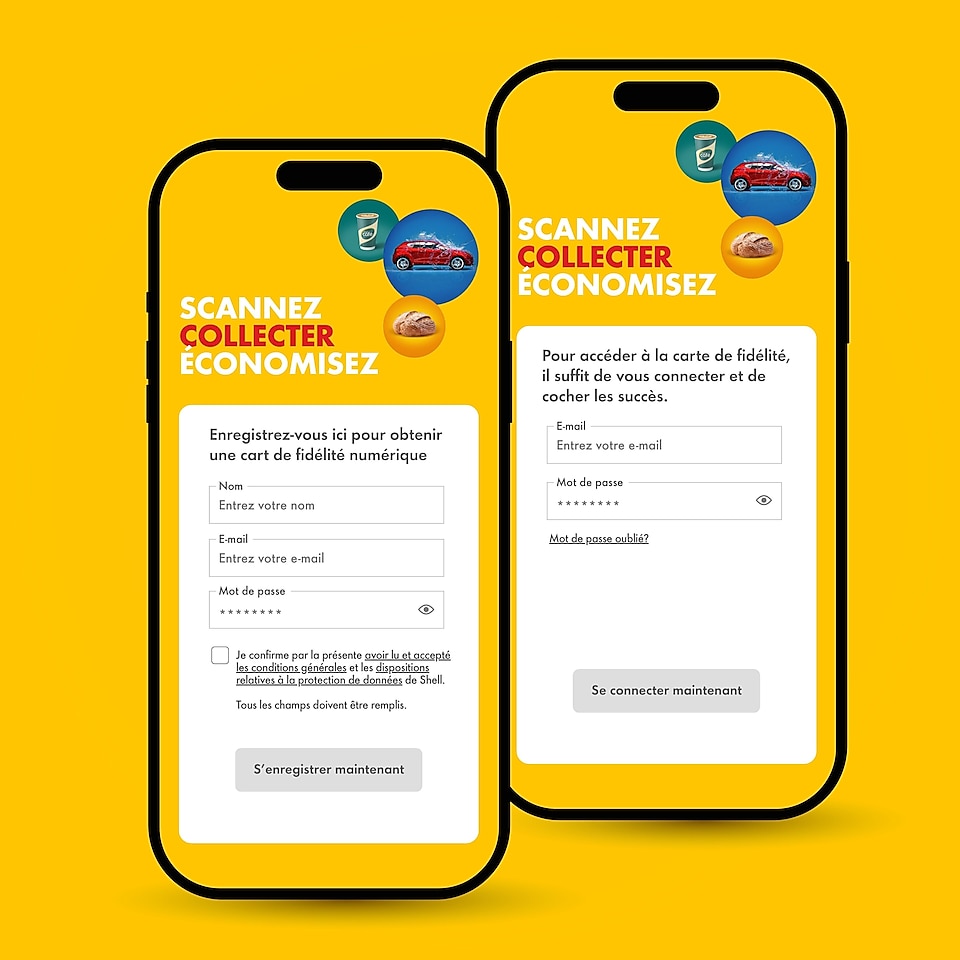 Illustration de deux téléphones portables sur fond jaune montrant l’écran de connexion et d’inscription aux cartes de fidélité Shell.